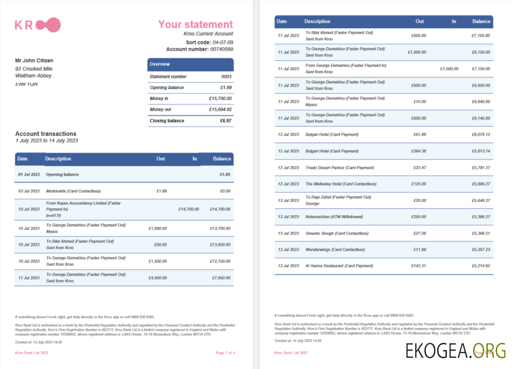 Modèle Word et PDF de relevé bancaire Kroo du Royaume Uni, 4 pages 1 2